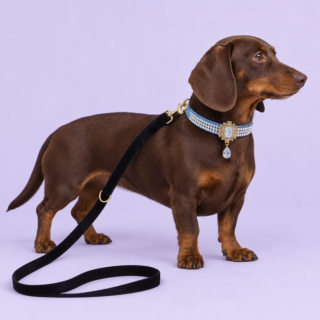 Chocolate dachshund with blue gemstone collar and black leash