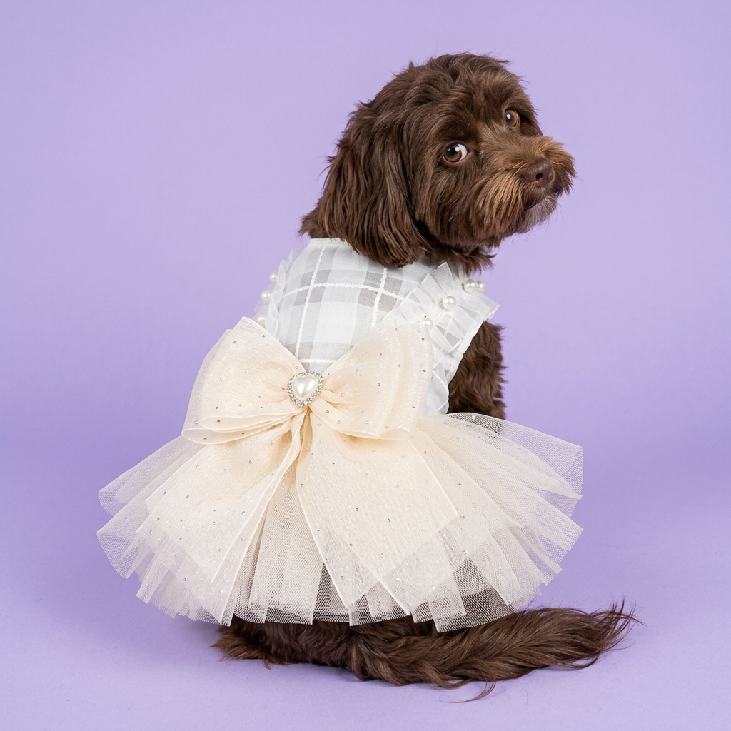 Chocolate Havanese in the ivory pearl-bow dress