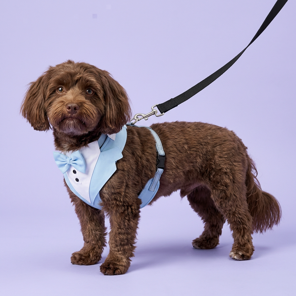 Chocolate Havanese in the light-blue harness with a black leash
