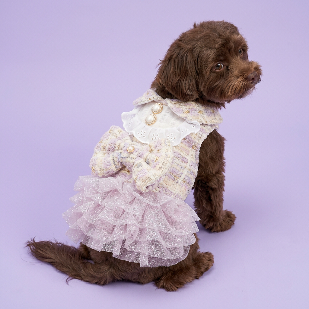 Chocolate Havanese in the lilac tweed dress