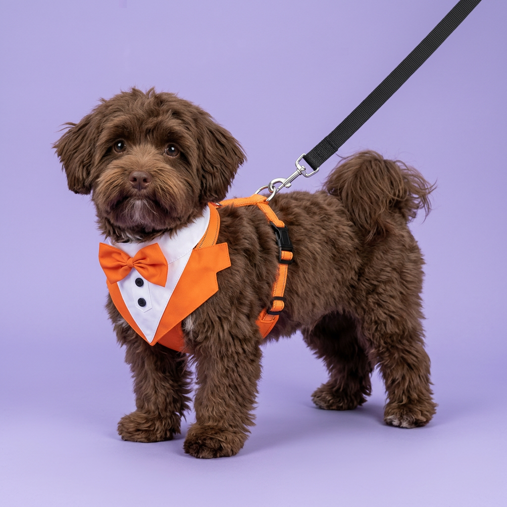 Chocolate Havanese in the orange tuxedo harness