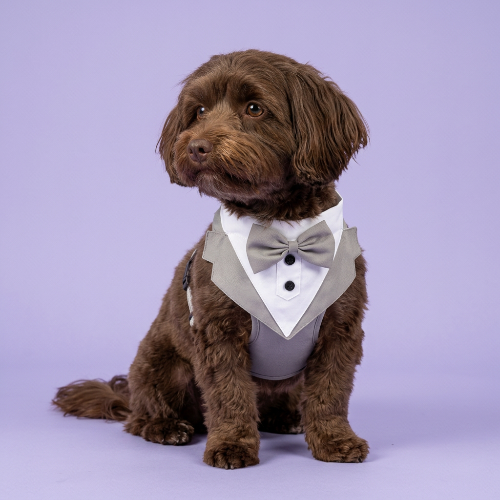 Chocolate Havanese seated in the grey tuxedo harness