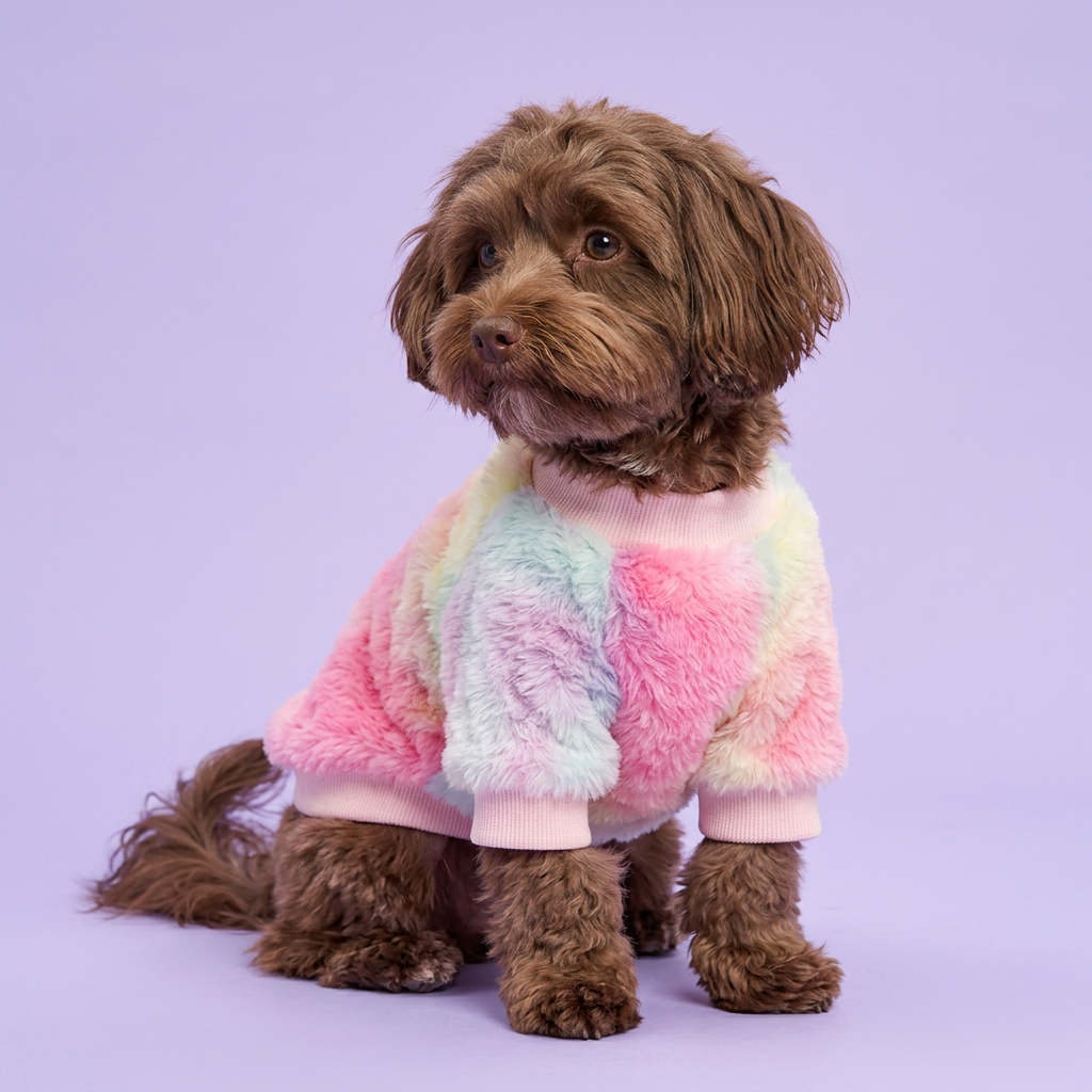Chocolate Havanese seated in the pastel pullover