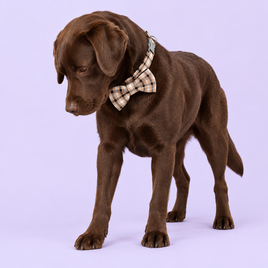 Chocolate Lab with plaid bow collar
