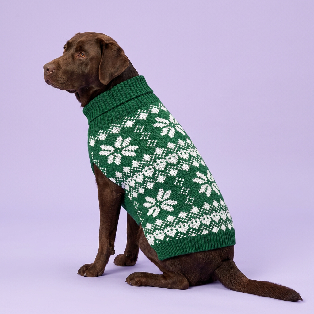 Chocolate Labrador in the green snowflake sweater