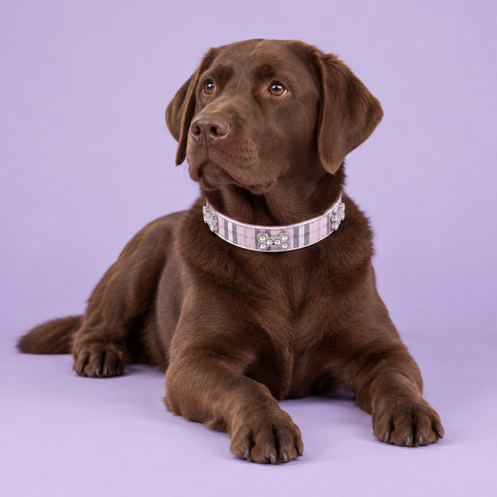 Chocolate Labrador lounging with paws extended