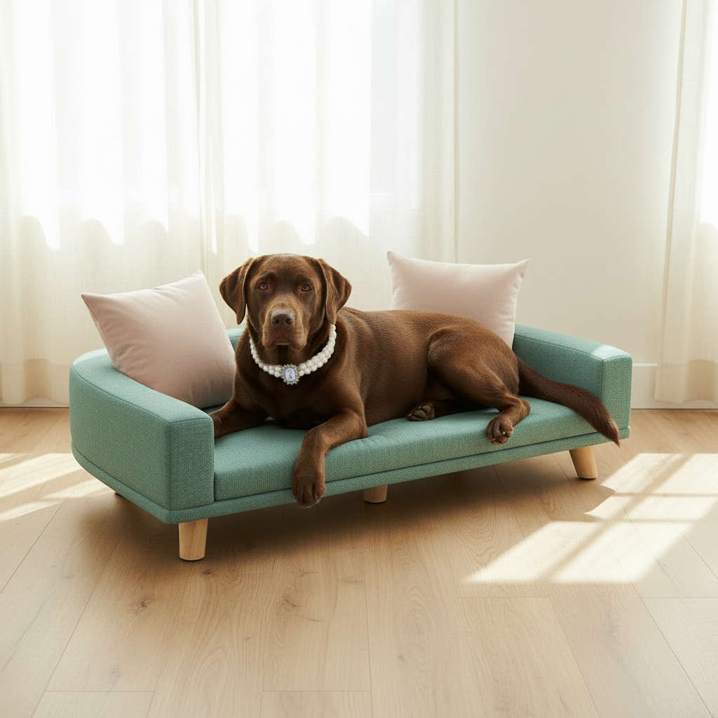 Chocolate Labrador on teal-green couch