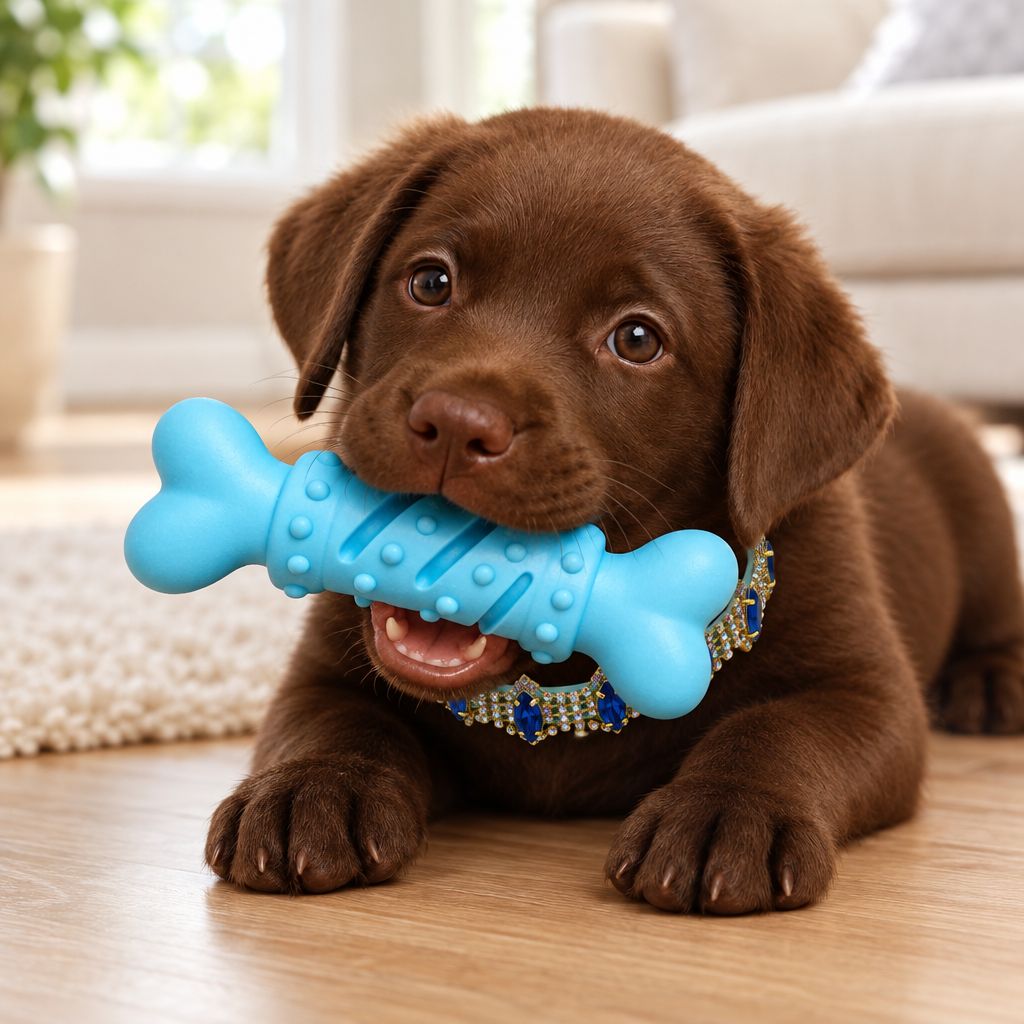 Chocolate Labrador puppy wearing a blue jeweled collar and playing with a blue bone toy in a living room