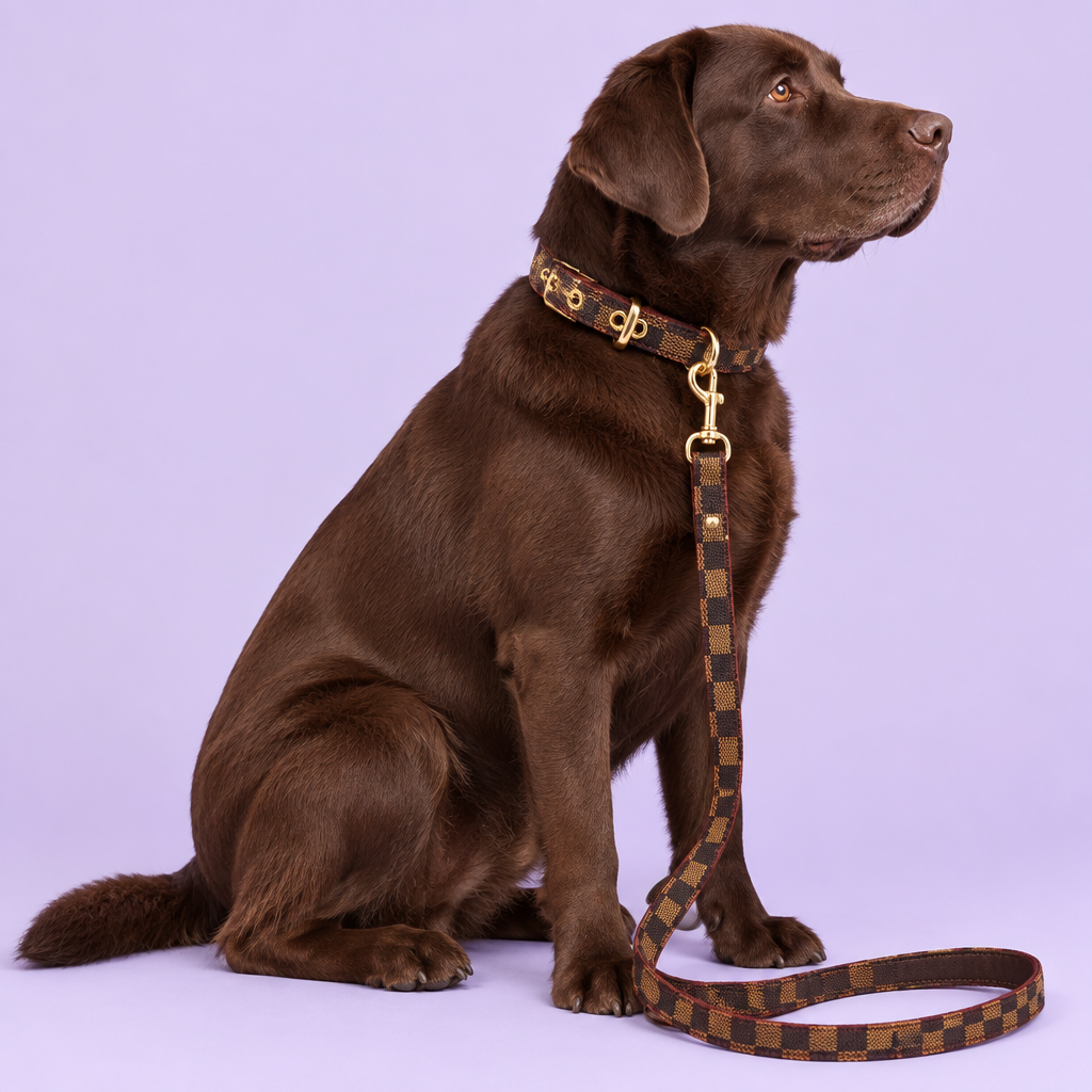 Chocolate Labrador sitting side-on