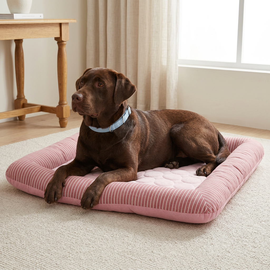 Chocolate Labrador wearing light-blue collar on spacious pink striped bed