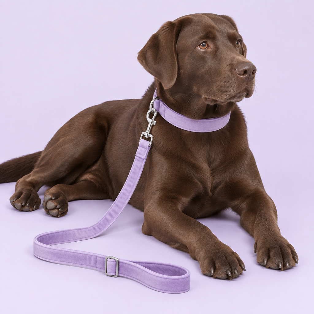 Chocolate Labrador with light-purple collar and leash