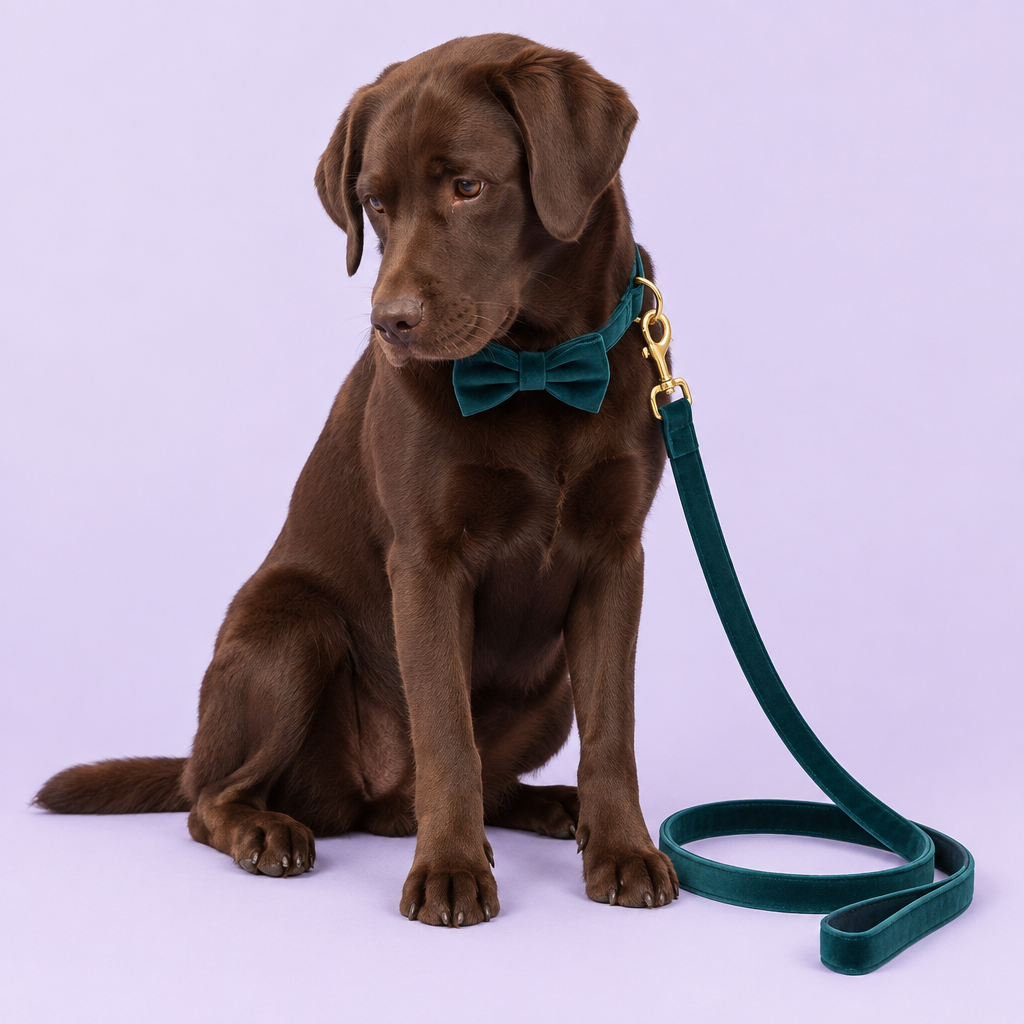Chocolate Labrador with teal velvet bow collar and leash