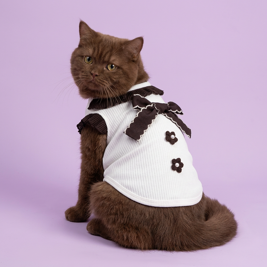 Chocolate longhaired cat looking back to show the bow and flowers