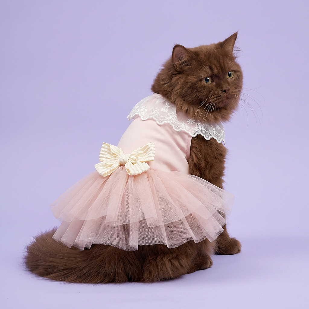 Chocolate longhaired cat looking back to show the bow