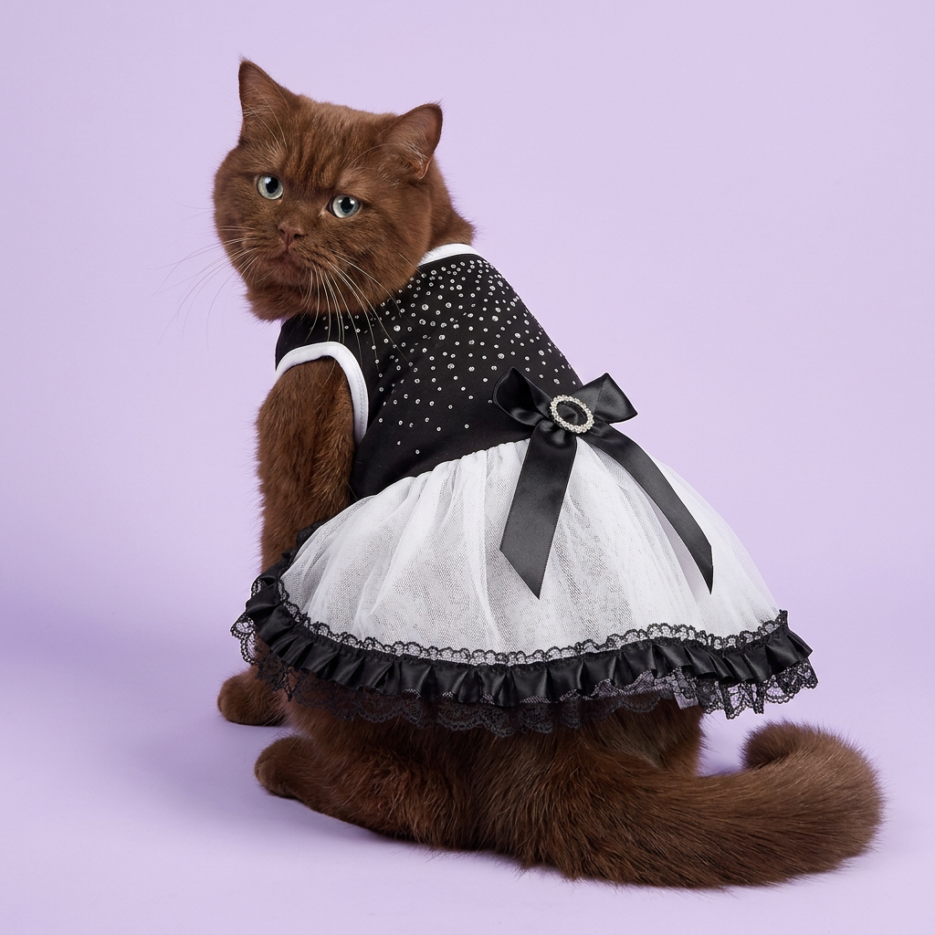 Chocolate longhaired cat looking back to show the jeweled bow