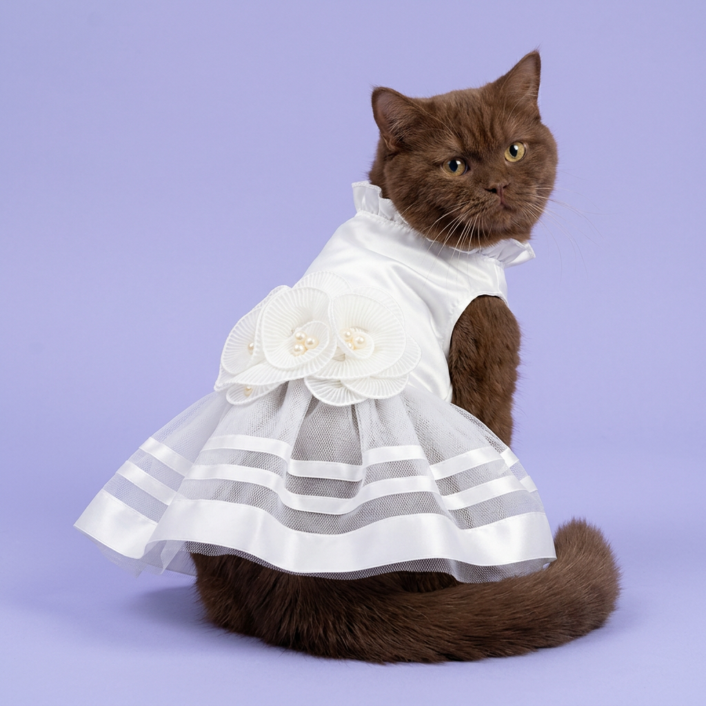 Chocolate longhaired cat looking back to show the pearl-centered flowers