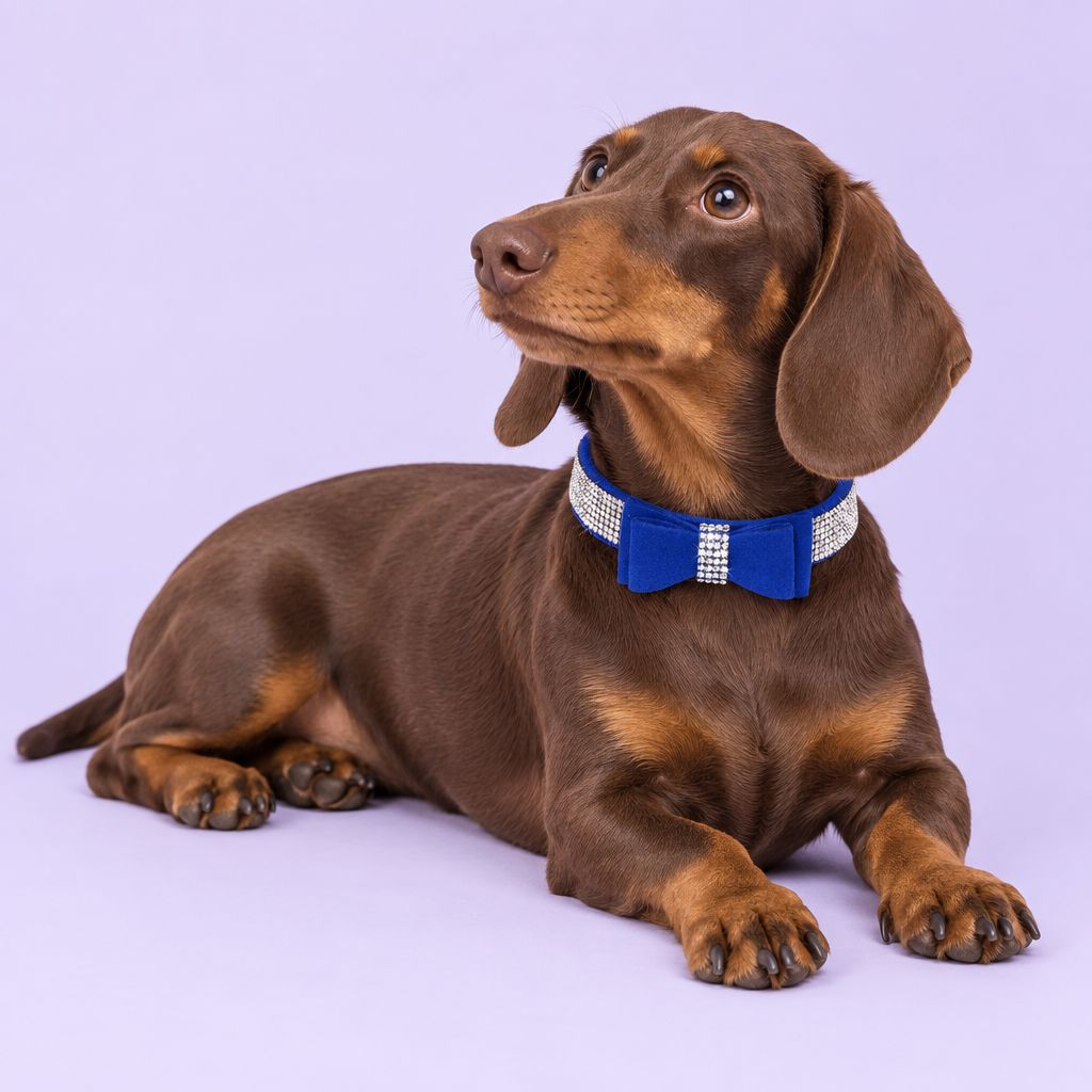 Chocolate miniature dachshund reclining and looking upward