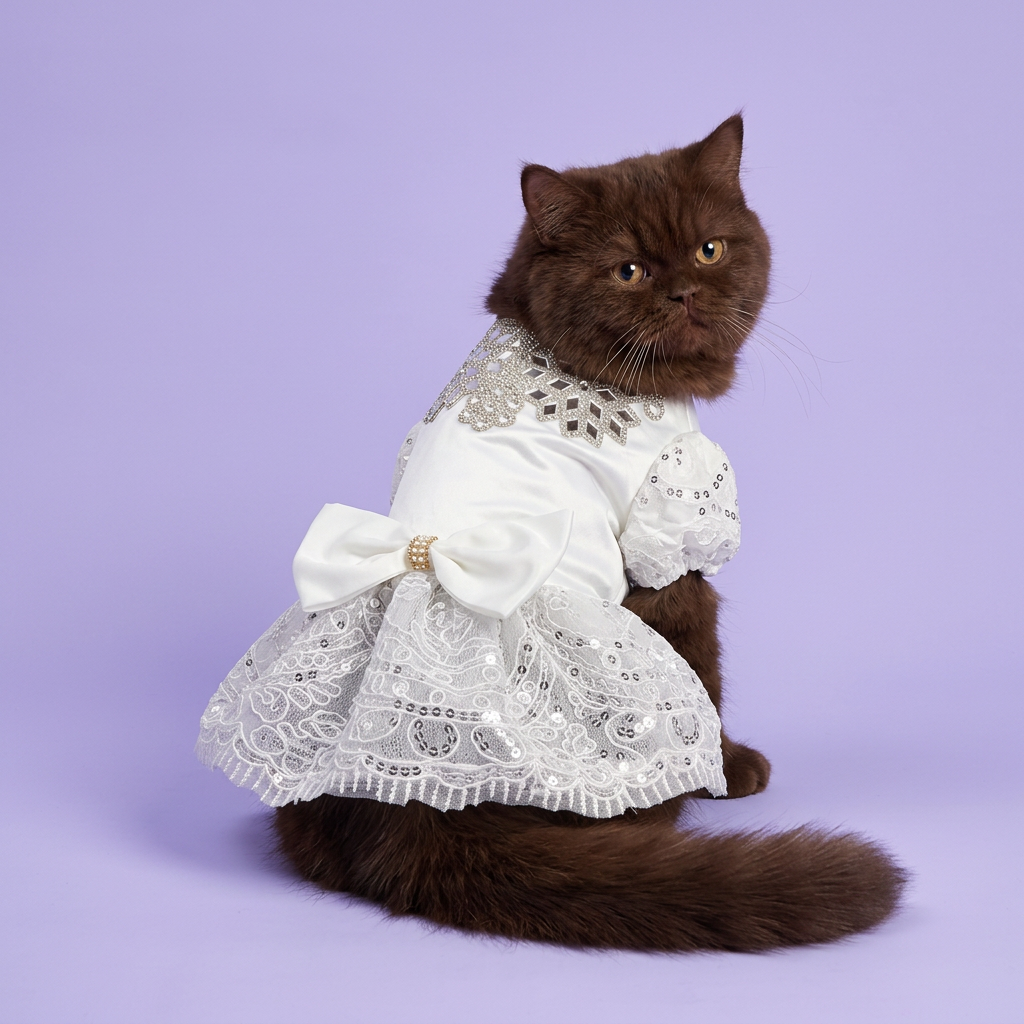 Chocolate Persian showing the jeweled neckline and back bow