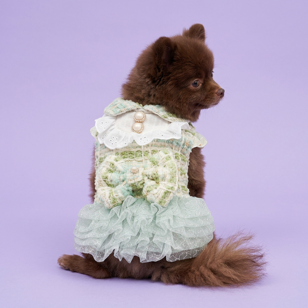 Chocolate Pomeranian in the green tweed dress