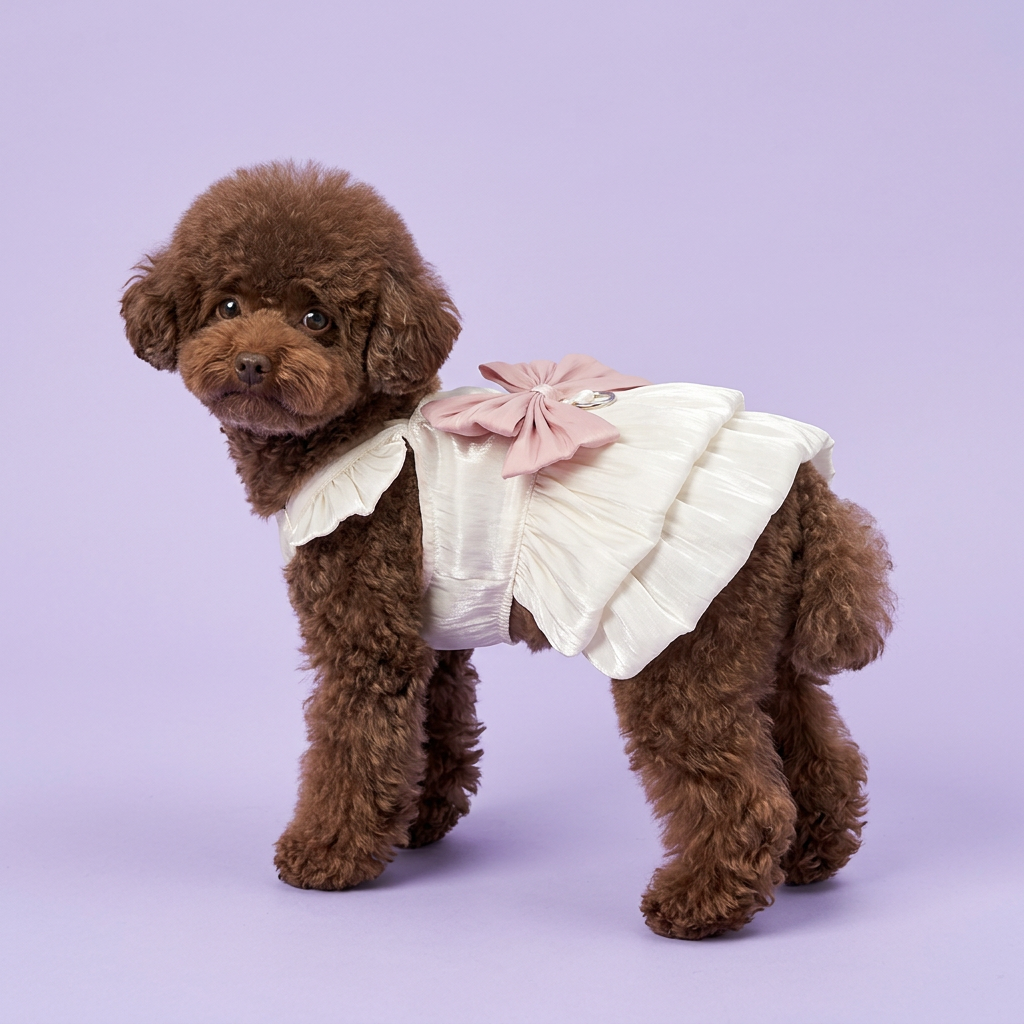 Chocolate poodle wearing the ivory dress with dusty-pink bow