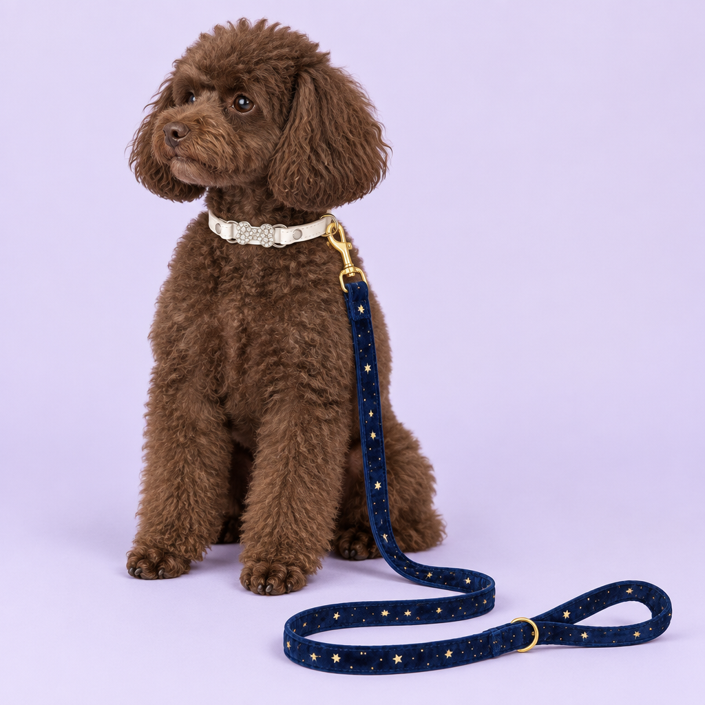 Chocolate poodle with ivory bow collar and navy star leash