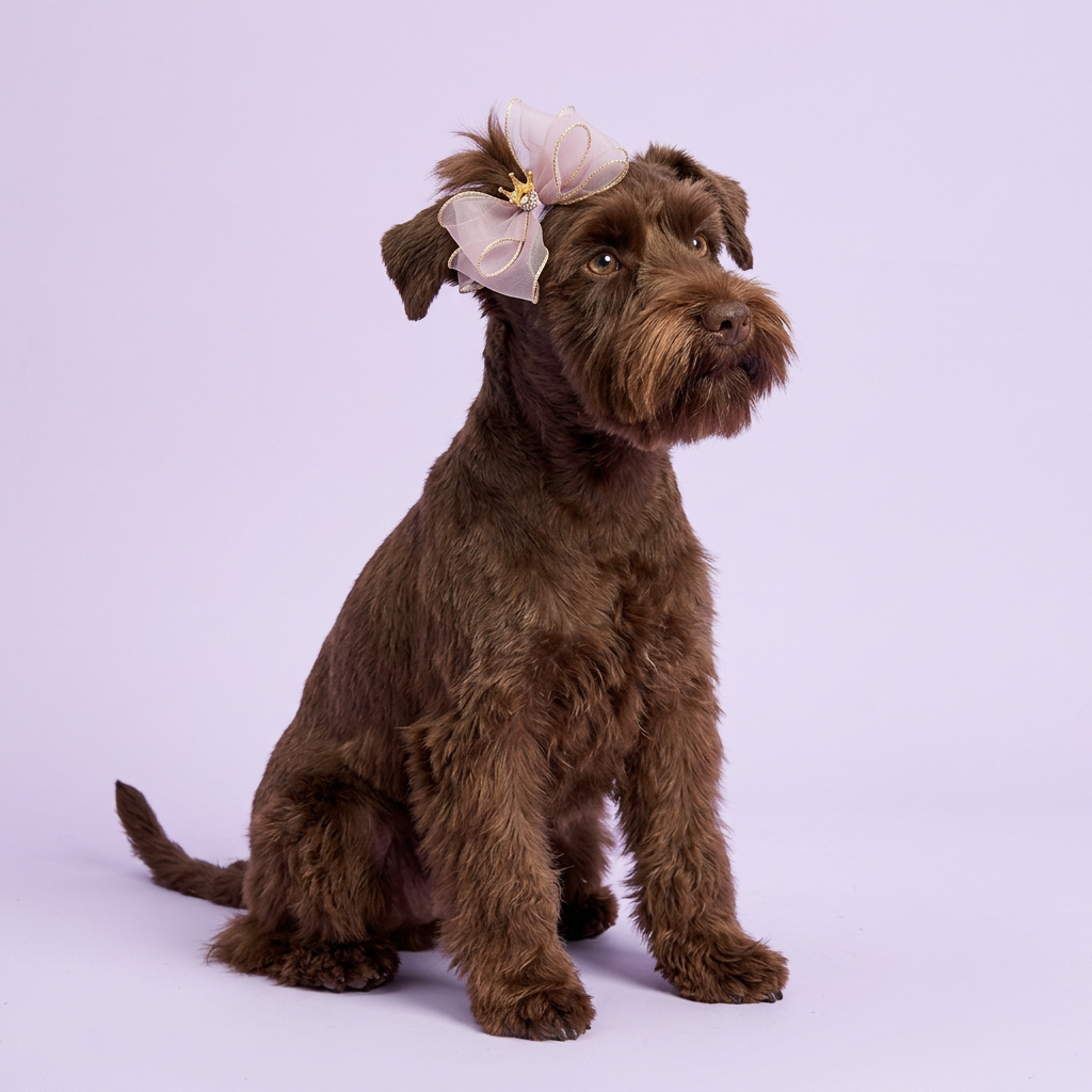 Chocolate schnauzer wearing the lilac and gold crown bow