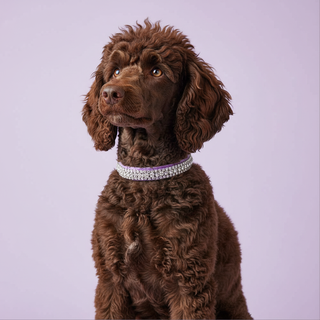 Chocolate Standard Poodle in the purple velvet collar with clear trim