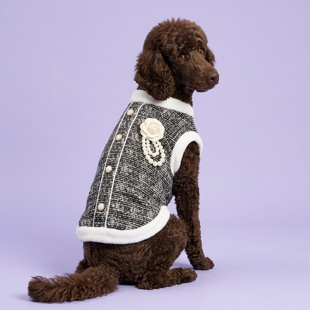 Chocolate standard poodle looking back to show the flower and pearls