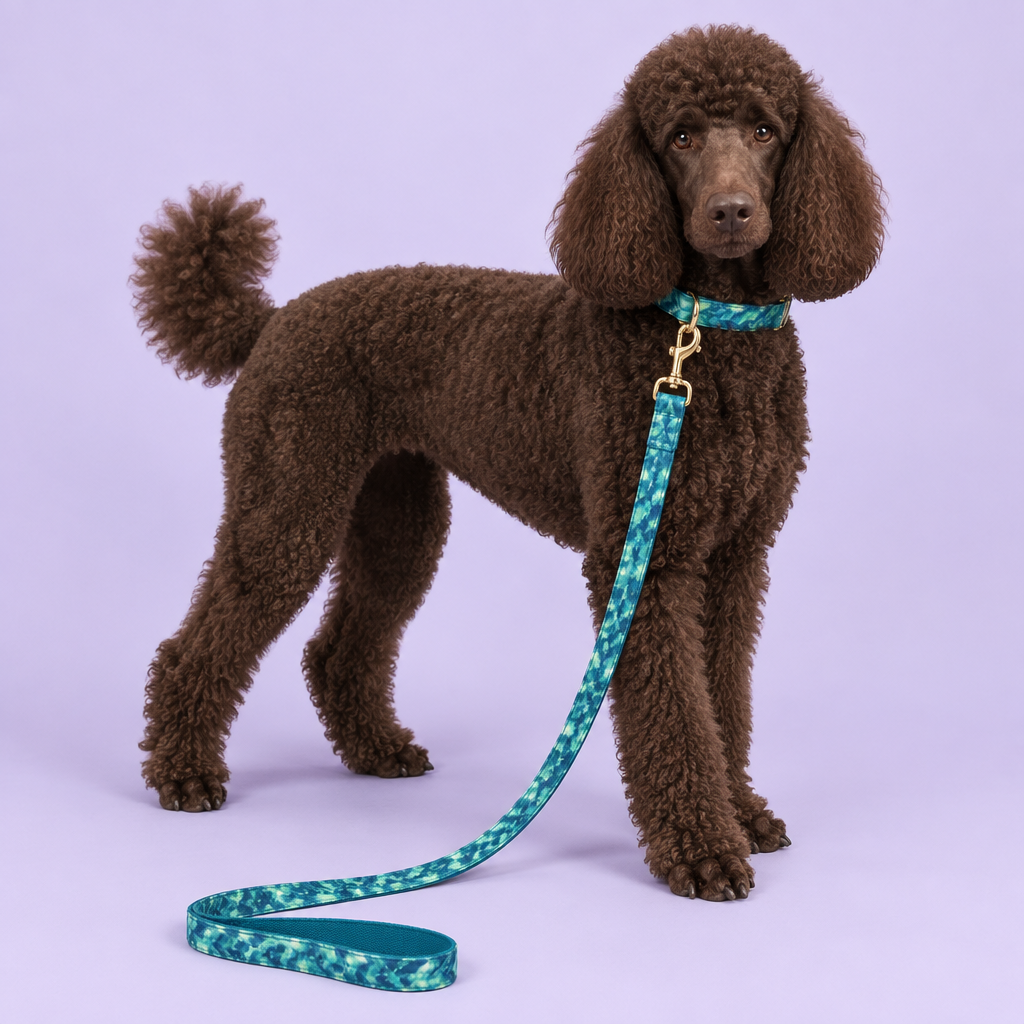 Chocolate Standard Poodle standing sideways with head turned
