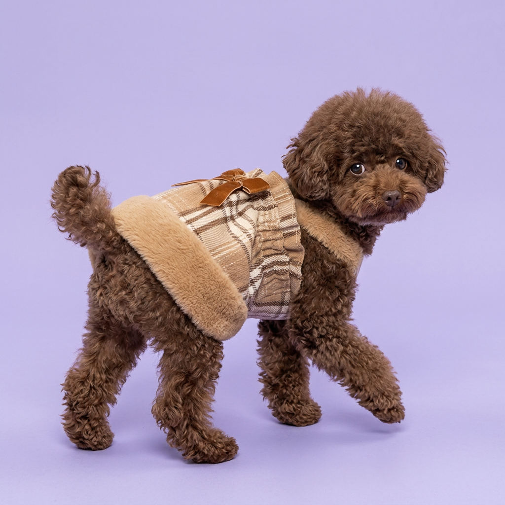 Chocolate toy poodle gently stepping in the plaid dress