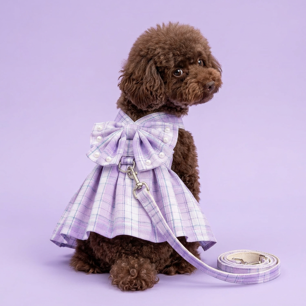 Chocolate toy poodle in the lavender plaid dress with leash