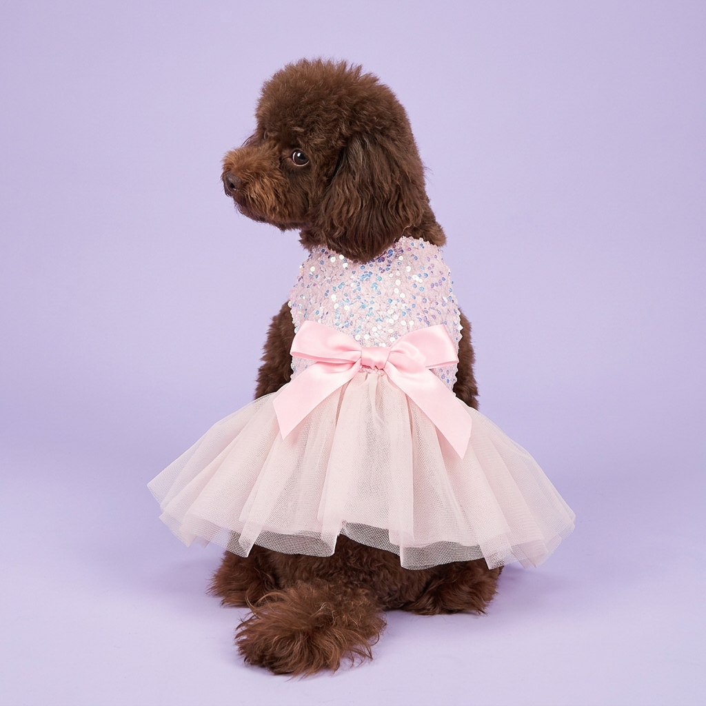 Chocolate toy poodle in the pale blush skirt dress