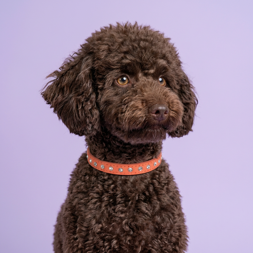 Chocolate toy poodle looking off camera