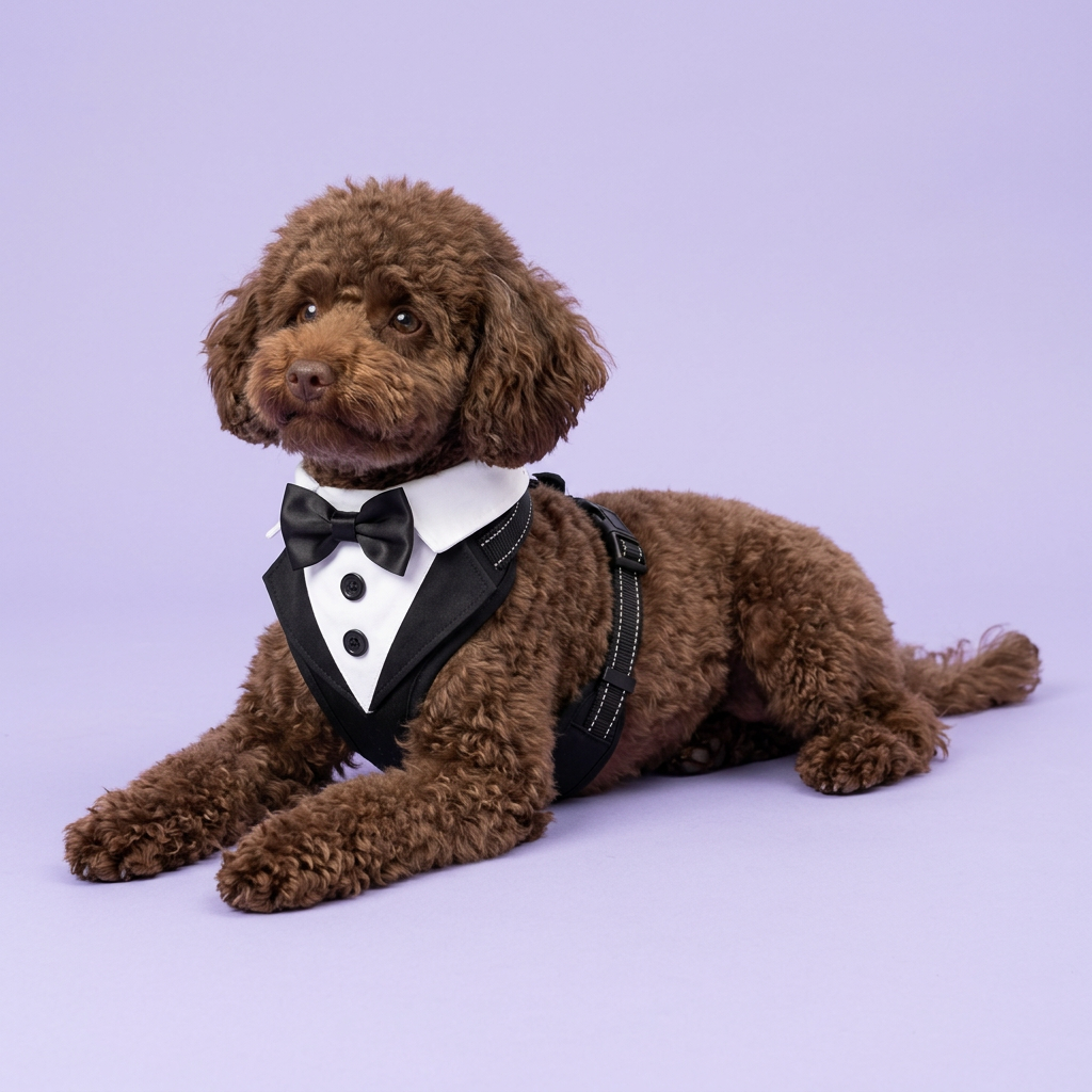 Chocolate toy poodle reclining in the tuxedo harness