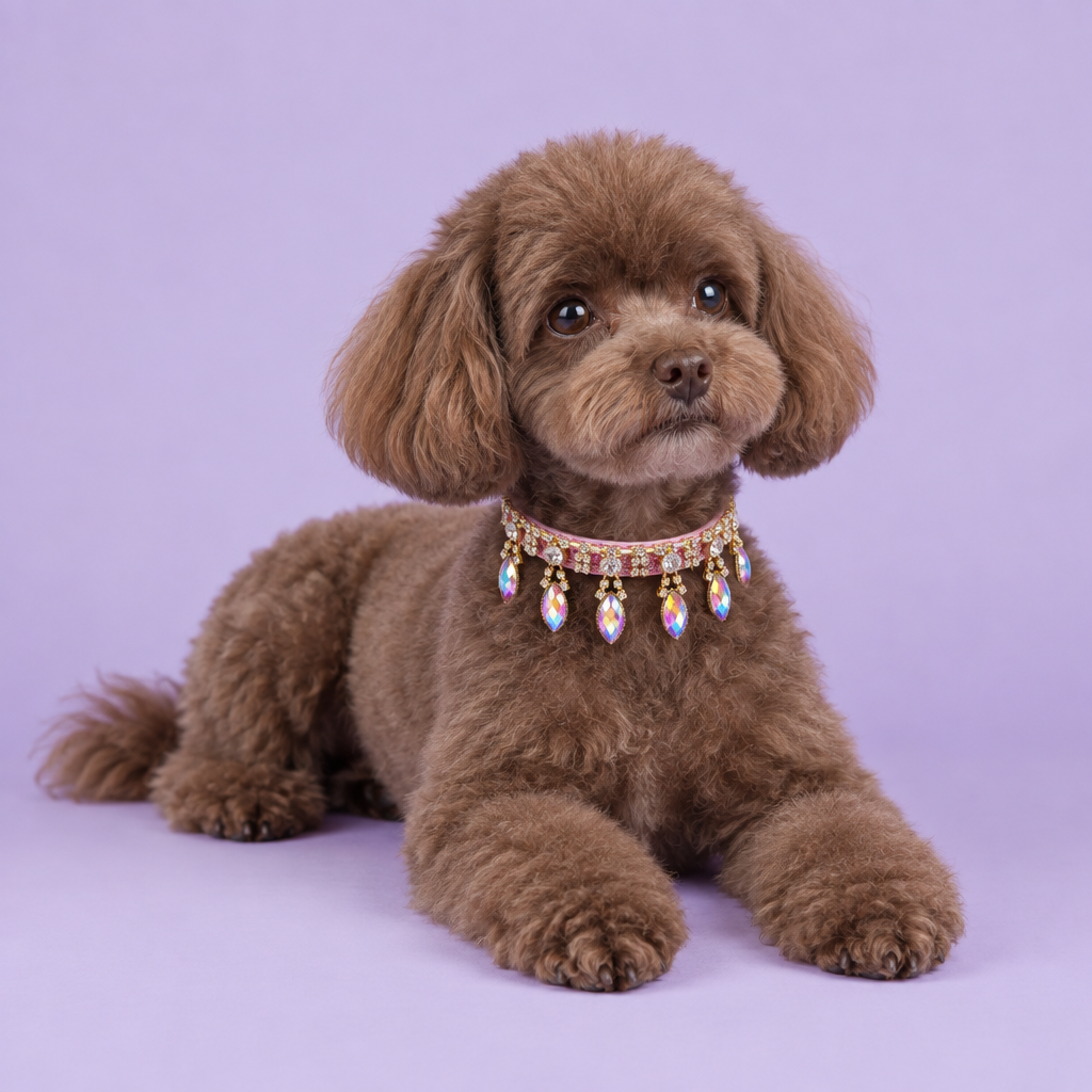Chocolate toy poodle reclining with paws extended