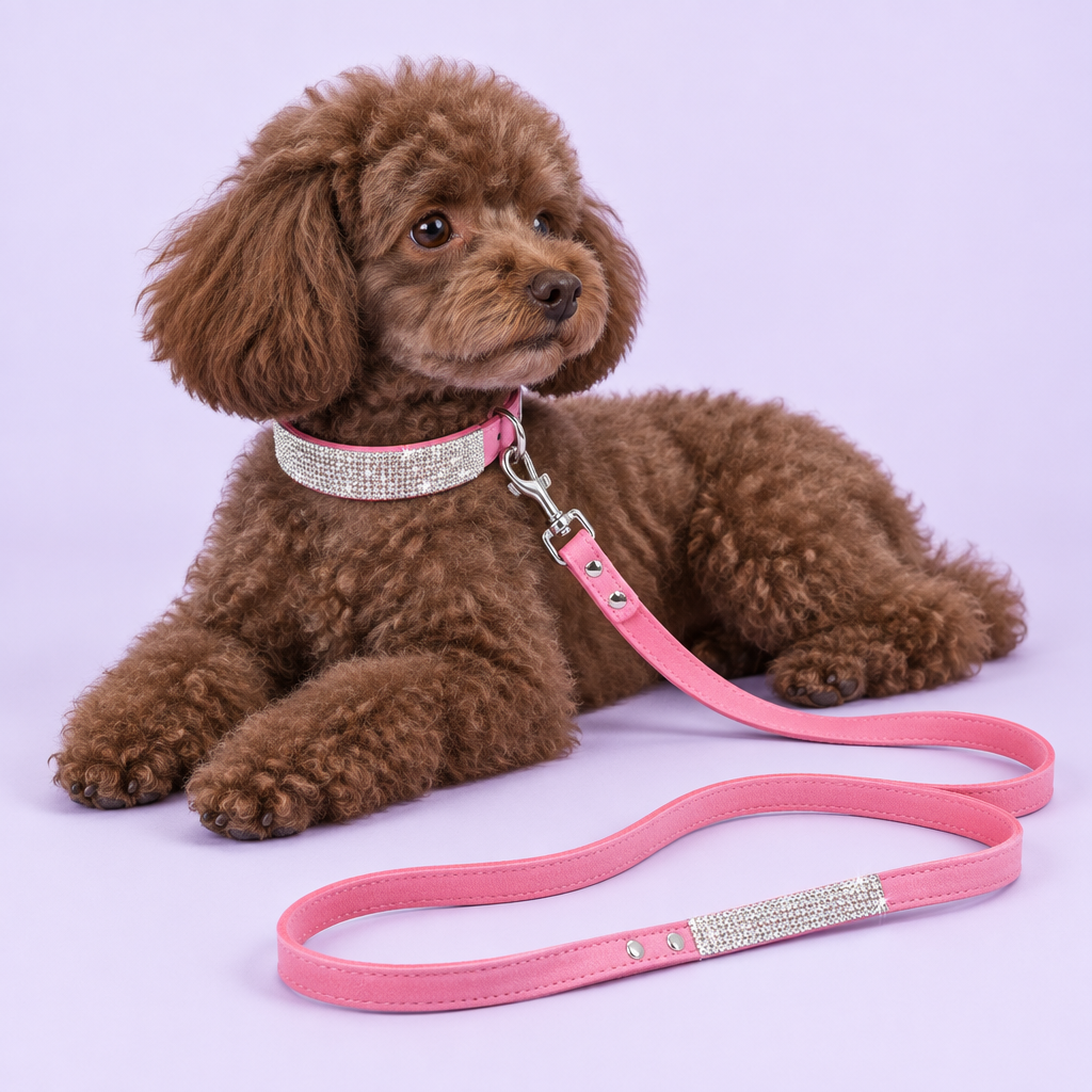 Chocolate toy poodle relaxing with the pink collar and leash