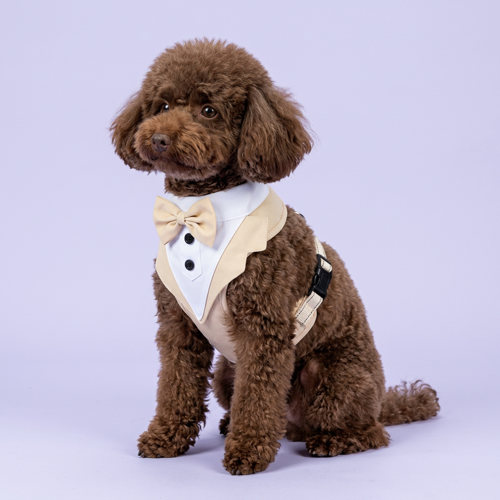 Chocolate toy poodle seated in the cream tuxedo harness