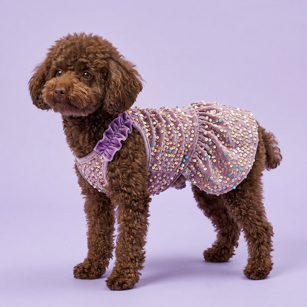 Chocolate toy poodle standing in the lavender sequin dress