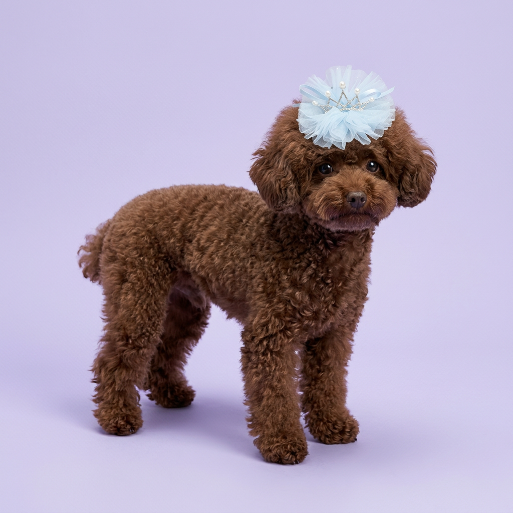 Chocolate toy poodle wearing the baby-blue tulle crown clip