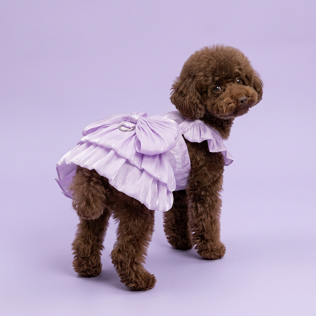 Chocolate toy poodle wearing the lavender tiered dress