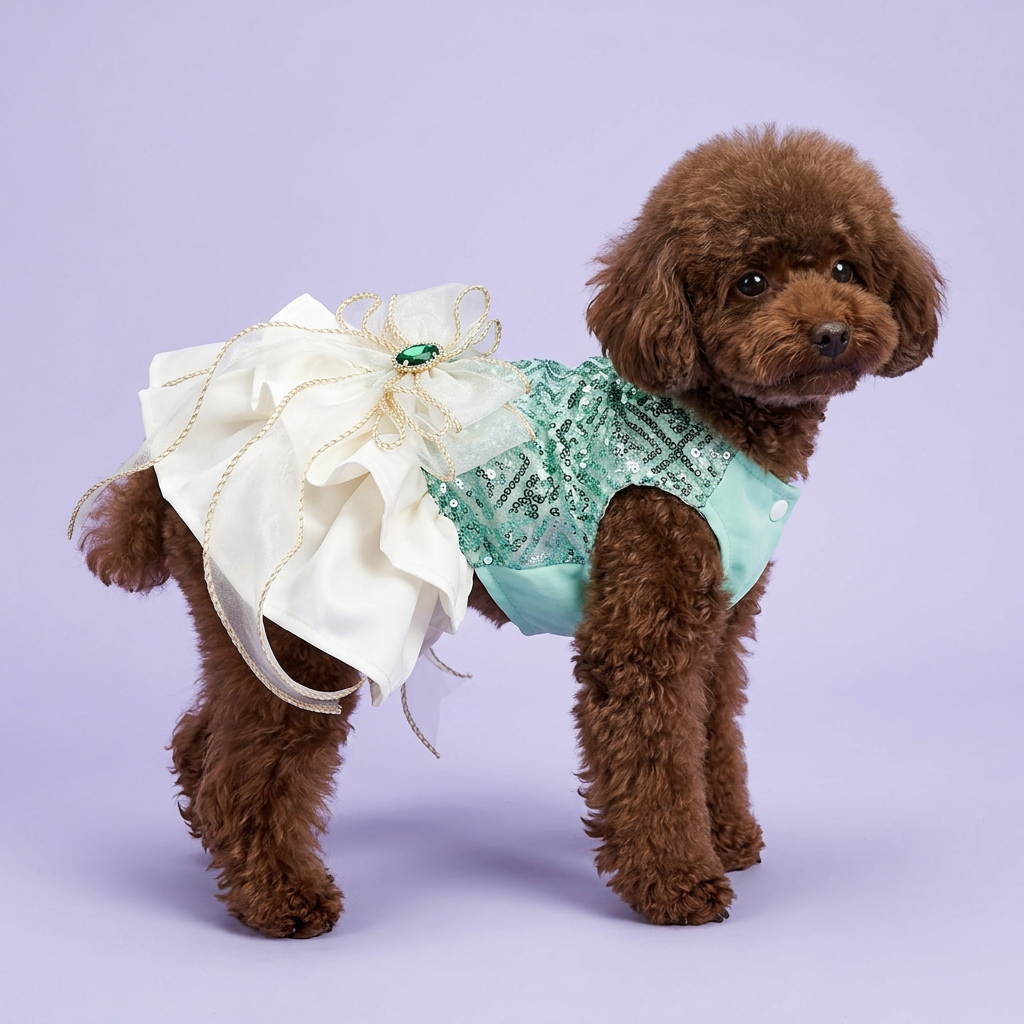 Chocolate toy poodle wearing the mint-and-ivory dress