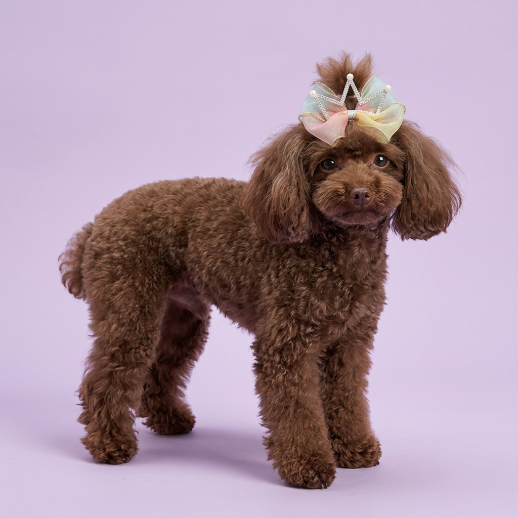 Chocolate toy poodle wearing the pastel rainbow crown bow