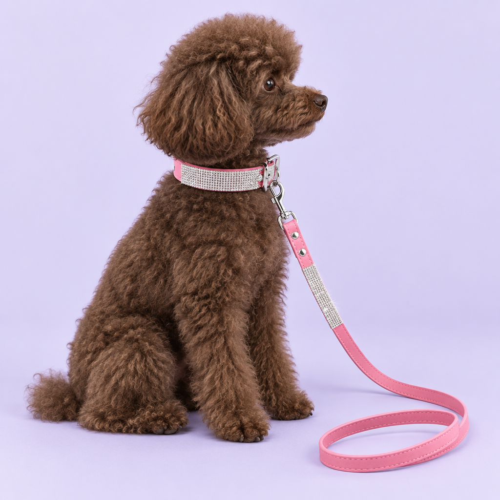 Chocolate toy poodle wearing the pink collar and leash