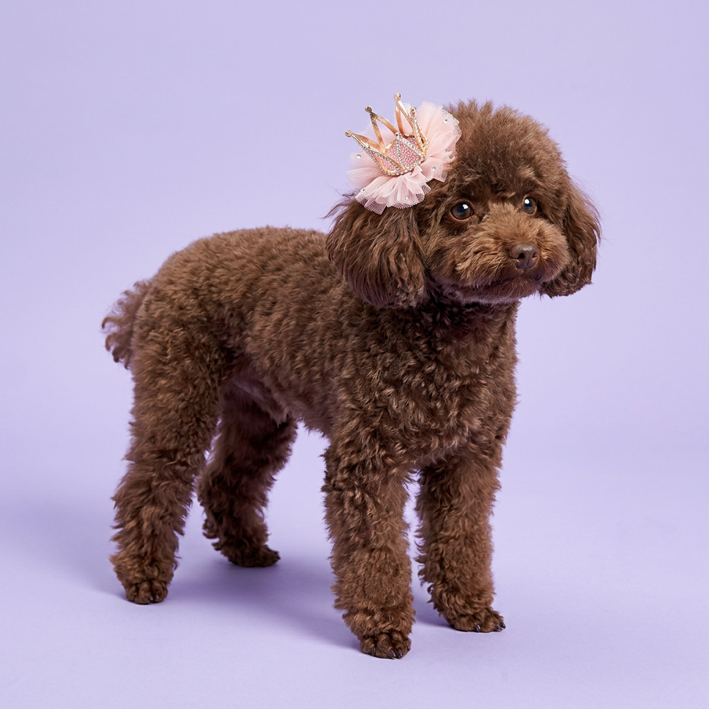 Chocolate toy poodle wearing the pink crown hair clip