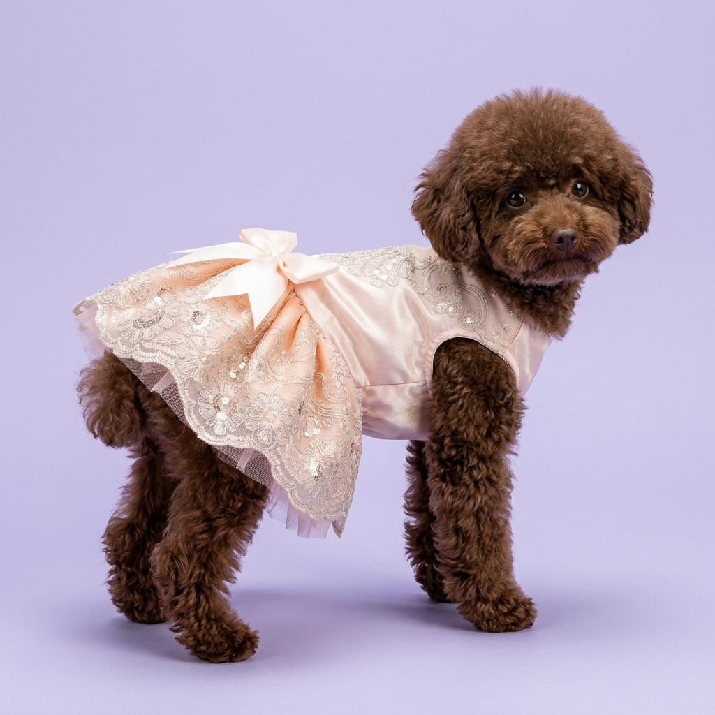 Chocolate toy poodle wearing the pink embroidered dress