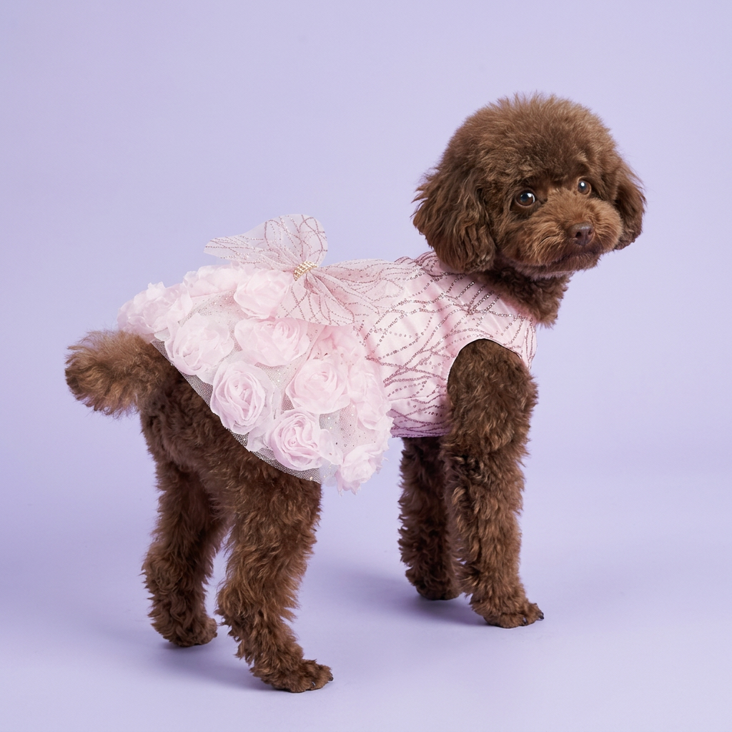 Chocolate toy poodle wearing the pink rosette dress