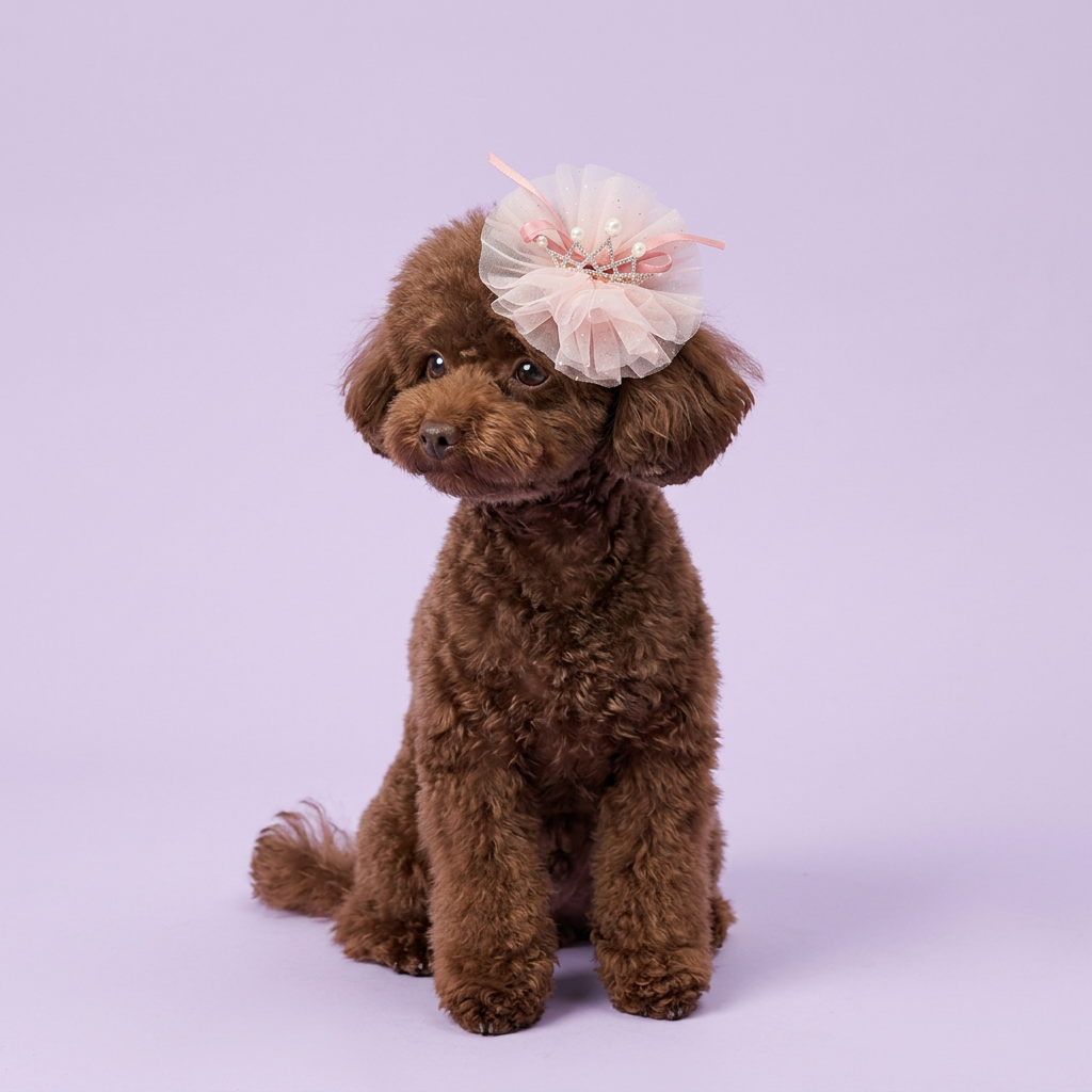 Chocolate toy poodle wearing the pink tulle crown clip