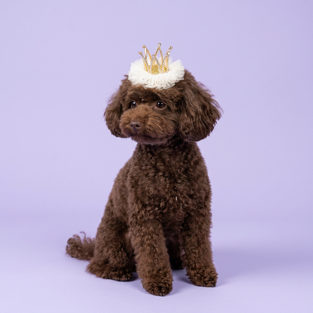 Chocolate toy poodle wearing the white crown clip