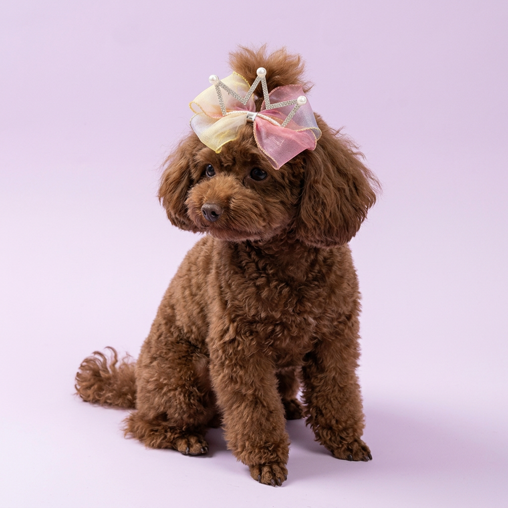 Chocolate toy poodle wearing the yellow-and-pink crown bow