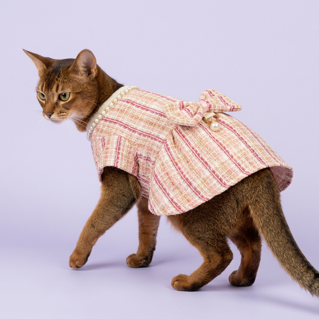 Cinnamon Abyssinian gently stepping in the pink dress